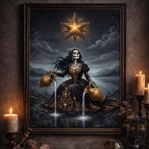 Könnte beinhalten: Gerahmtes Kunstwerk, das eine skelettartige Figur in einem schwarzen Kleid zeigt, die an einem See sitzt und Wasser aus goldenen Urnen gießt. Ein leuchtender Stern scheint darüber. Die Kunst im gotischen Stil weist dunkle Farben und komplizierte Details auf.