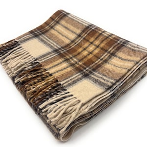 Stewart natural dress Tartan Wool Knee Blanket, Beige Check Pattern, 185x77cm, Scottish Made, Fringed Edges
