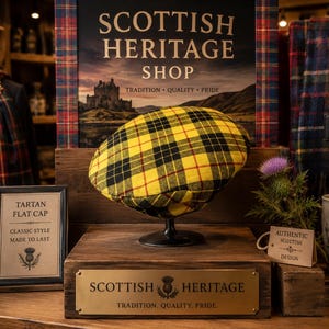 Peut inclure: Une casquette plate à motif tartan jaune et noir posée sur un support. Un panneau indique TARTAN FLAT CAP CLASSIC STYLE MADE TO LAST, tandis qu'une plaque en laiton porte l'inscription SCOTTISH HERITAGE TRADITION, QUALITY, PRIDE.