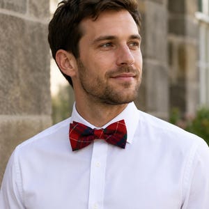 May include: A red, green, and navy blue plaid bow tie worn with a crisp white button-down shirt. The bow tie features a classic tartan pattern with thin white intersecting lines, secured around the collar of the shirt.