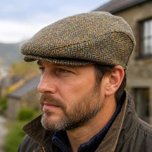 Puede incluir: Una gorra plana con un patrón de espiga multicolor en tonos verde oliva, marrón y sutiles motas de azul y naranja. La gorra tiene una corona redondeada y estructurada y una visera corta y rígida que se extiende desde la parte delantera.