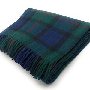 Gunn Tartan Large Wool Blanket, Scottish Made, Green Navy Plaid Design,Fringed Throw