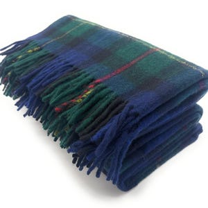 Scottish Wool Smith Tartan Blanket, Green Navy Check, Fringed Knee Throw