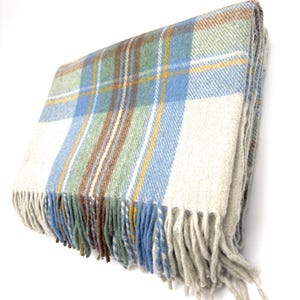 Scottish Stewart Tartan Wool Knee Blanket, Blue Check Pattern, Fringed