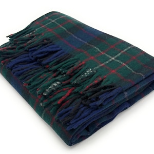 Scottish Ferguson Tartan Large Wool Blanket, Green Check Pattern, Fringed