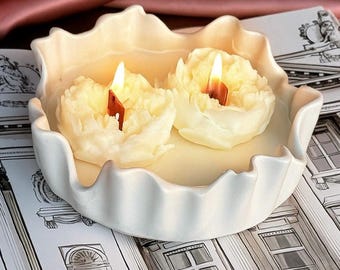 Handmade Soy Wax Candle, Floral Plaster Bowl, Wooden Wick