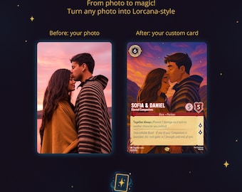 Tarjeta personalizada estilo Lorcana: Ilustración mágica personalizada (archivo digital)