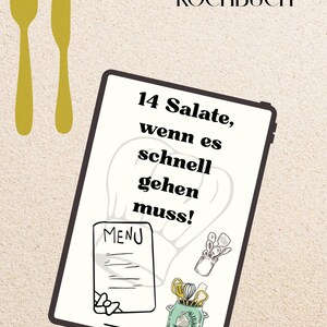 Könnte beinhalten: Ein digitales Tablet mit dem Text 14 Salate, wenn es schnell gehen muss! und MENU, ergänzt durch Illustrationen einer Kochmütze, Küchenutensilien und eines Kräutertopfes. Links neben dem Tablet liegen eine goldene Gabel und ein Messer.