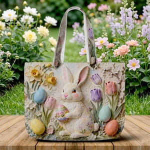May include: A beige Easter tote bag featuring a 3D relief design of a white bunny holding a decorated egg, surrounded by colorful eggs, tulips, and daffodils. The bag has a floral patterned handle and is set against a garden backdrop.