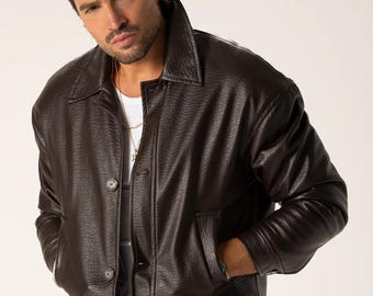 Handmade Brown Leather Biker Jacket | Custom Retro Bomber Coat