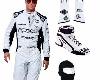 May include: A white and black racing suit with various sponsor logos including APXGP, Expensify, and IWC, paired with white OMP racing gloves featuring a watch graphic, a white and purple OMP racing shoe, and a black balaclava head covering.