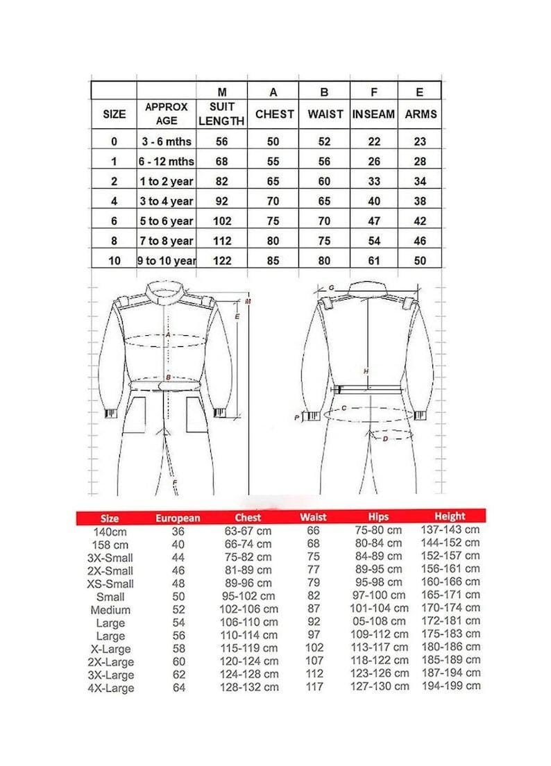 May include: A chart with measurements for children's racing suits. The chart includes sizes, approximate ages, suit lengths, chest, waist, inseam, and arm measurements in inches and centimeters.