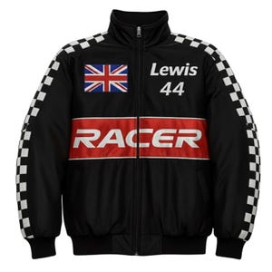 May include: Black zip-up jacket with a high collar, featuring a Union Jack patch and the name "Lewis 44". The jacket has a red and white "RACER" stripe across the chest and checkered patterns on the sleeves.