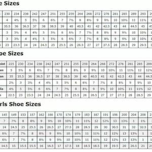 May include: A shoe size conversion chart for men, women, and boys/girls. Includes Mondopoint, US & Canadian, European, UK, Australian, and Japanese shoe sizes. The chart is in a grid format.