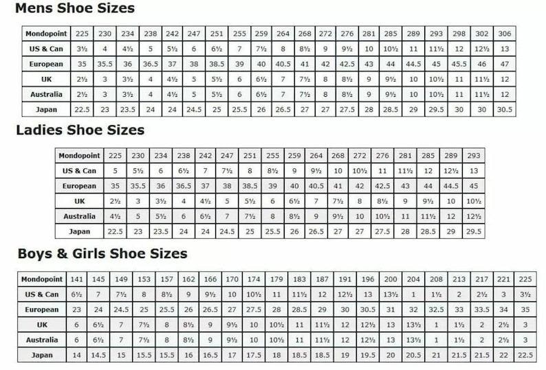 May include: A shoe size conversion chart for men, women, and boys/girls. Includes Mondopoint, US & Canadian, European, UK, Australian, and Japanese shoe sizes. The chart is in a grid format.
