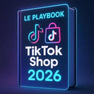 Könnte beinhalten: Ein Buch mit dem Titel "LE PLAYBOOK" und dem TikTok-Logo sowie den Worten "TikTok Shop 2026" in Weiß und Blau. Das Cover ist dunkelblau mit einem neonblauen und rosa Rand, wahrscheinlich ein Leitfaden für E-Commerce.