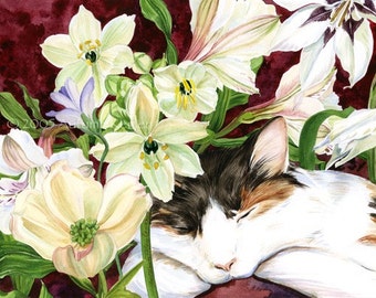 Alice in Wonderland - Digital Print of Calico Cat Watercolor Matted to 11 x 14 Inches