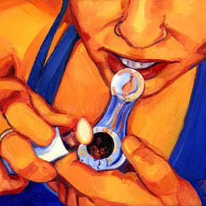Communion - peinture à l'huile originale d'une femme allumant une pipe en verre - encadré sur mesure