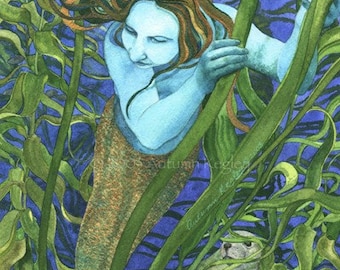 Seeking Seals - Digital Print of Mermaid Watercolor - Matted to 8 x 10 Inches
