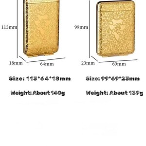 May include: Two gold-coloured rectangular cases with ornate designs. The larger case measures 113mm x 64mm x 18mm and weighs approximately 140g. The smaller case is 99mm x 69mm x 23mm and weighs about 139g. The text "DETAILED PARAMETERS" is at the top.