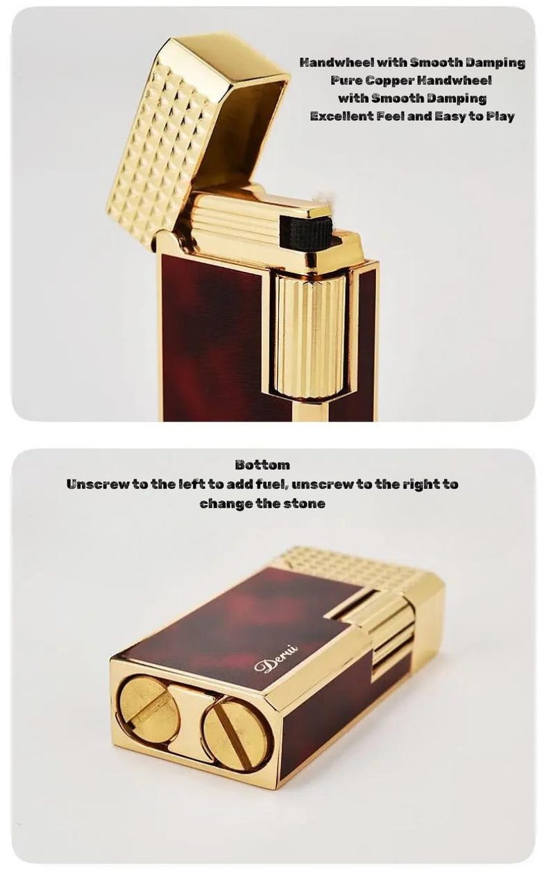 May include: A gold and brown lighter with the lid open, revealing a textured gold surface. The lighter has a rectangular shape with rounded edges and the text "Handwheel with Smooth Damping" and "Excellent Feel and Easy to Play". The bottom has the text "Unscrew to the left to add fuel, unscrew to the right to change the stone".