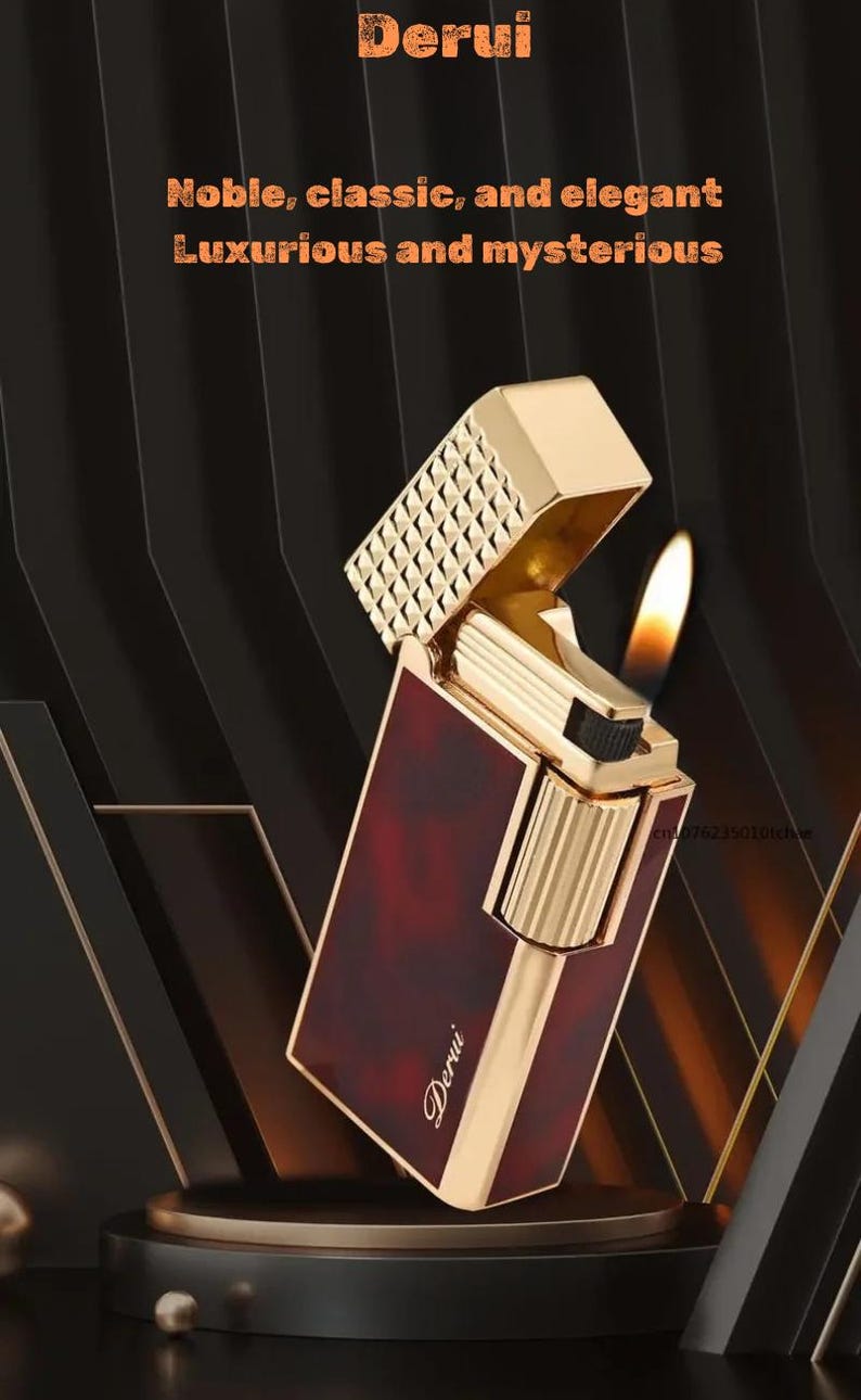 May include: A gold-colored lighter with a burgundy panel and a flame. The lighter is open, revealing its inner workings. The text "Derui" is visible on the lighter. The background is black with gold accents. The text "Noble, classic, and elegant Luxurious and mysterious" is also visible.