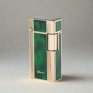 May include: A rectangular lighter with a gold-colored frame and a green marbled design. The lighter has a hinged lid and a textured, ribbed section. The word "Derui" is written in cursive on the front.