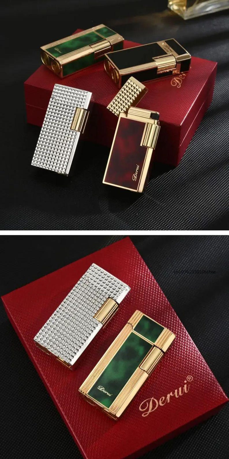 May include: An assortment of luxury lighters in various designs. One lighter features a silver, textured surface, while others have gold accents and colored panels. The lighters are displayed on a red box, with the brand name "Derui" visible.