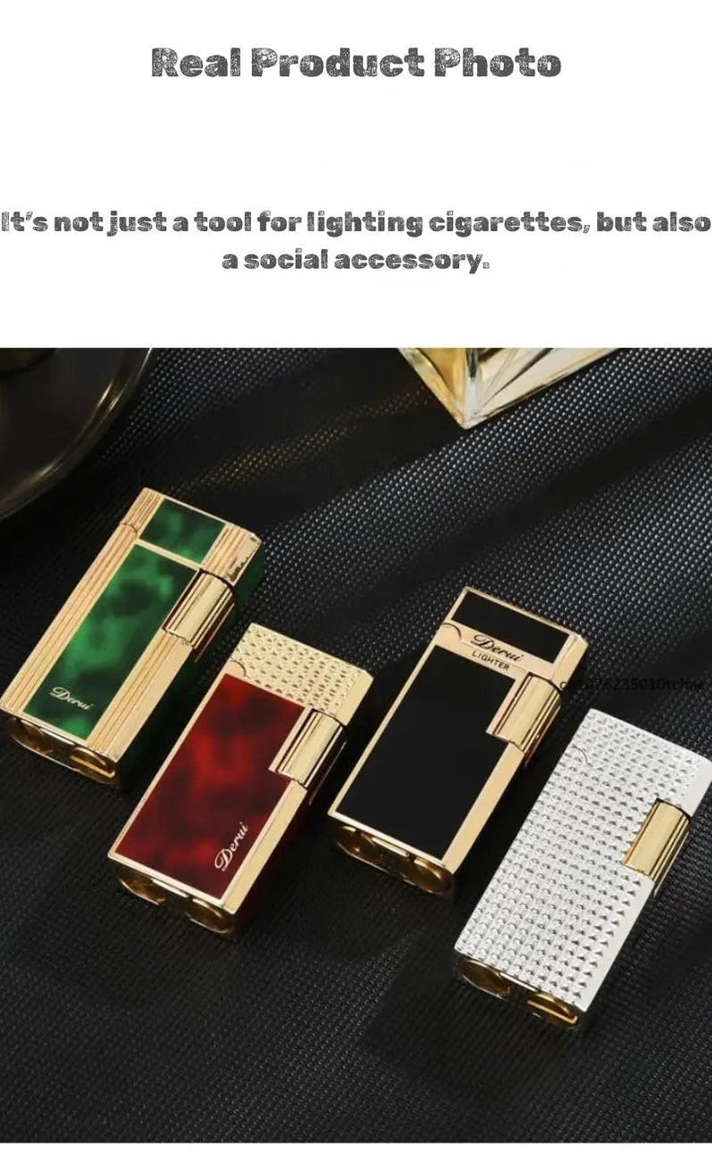 May include: An assortment of gold-trimmed lighters in various colors, including green, red, black, and silver. Each lighter has a rectangular shape with a textured or patterned surface and the brand name "Derui" is visible on some. The image text says "Real Product Photo".