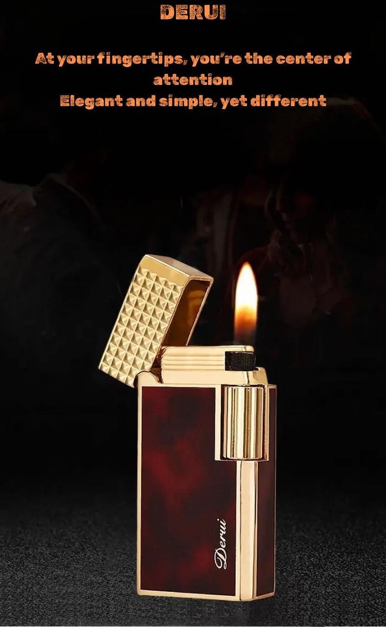 May include: A gold and burgundy lighter with a flame. The lighter is open, revealing a gold patterned top. The text "DERUI" is visible on the lighter. The image also contains the text "At your fingertips, you're the center of attention. Elegant and simple, yet different."