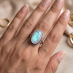 925 Sterling Silver Oval Opalite Statement Ring, Boho Rope Bezel Jewelry
