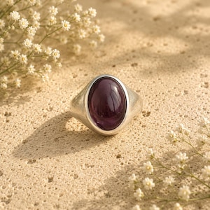 Handmade Purple Star Ruby Ring, Oval Sterling Silver Gemstone Statement Jewelry