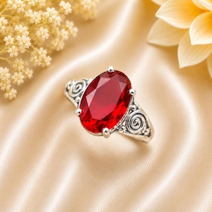 Oval Ruby Red Gemstone Ring, Sterling Silver Statement, Vintage Scrollwork Band
