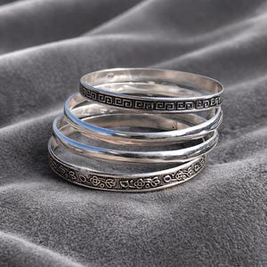 925 Sterling Silver Stacking Bangles, Greek Key Floral Engraved, Handmade Boho Bracelets