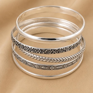Set di bracciali rigidi in argento sterling con motivi misti, bracciali boho impilabili