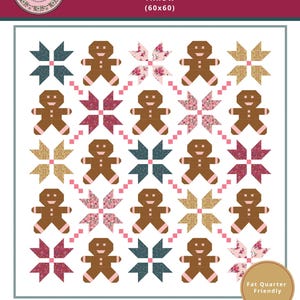Peut inclure: Un patron de quilt intitulé "Gingy Throw" avec un motif de bonhomme en pain d'épices et de flocons de neige. Le jeté mesure 152 x 152 cm. Le patron est de niveau intermédiaire et adapté aux fat quarters.
