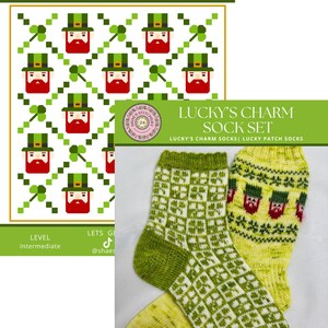 Puede incluir: Imagen que presenta un patrón de lanzamiento de Lucky's Charm con motivos de duendes y tréboles. La imagen también muestra un juego de calcetines con calcetines verdes y amarillos. Un calcetín tiene un patrón de cuadrícula y el otro tiene diseños de duendes.