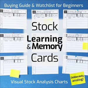 May include: A blue background with the text "Buying Guide & Watchlist for Beginners" and "Stock Learning & Memory Cards." Several white cards with handwritten stock analysis data are pinned to the background. The phrase "Visual Stock Analysis Charts" is also present.