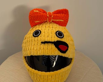 Cute Crochet Motorcycle Helmet Cover, Orange Bow Balaclava Mask, Winter Handmade Beanie, Outdoor Riding Helmet Hat, Unisex Gift for Riders