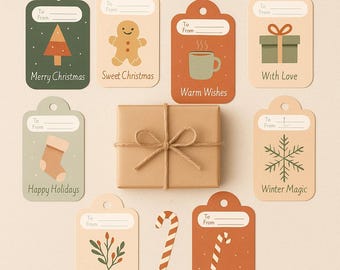 Ciepłe świąteczne etykiety na prezenty – zestaw do druku „Od/Do”