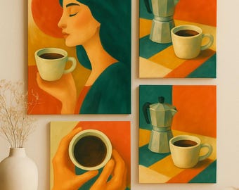 Momentos de Café – Conjunto de 4 Quadros Decorativos para Parede de Bar de Café, Download Digital