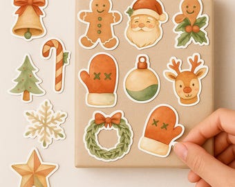 Zestaw naklejek świątecznych do druku – Naklejki akwarelowe do pakowania prezentów i rękodzieła, PNG + PDF