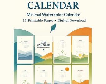 Minimalistyczny kalendarz akwarelowy do druku na rok 2026