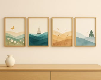 Minimalistyczne akwarele na 4 pory roku | Zestaw grafik ściennych do druku