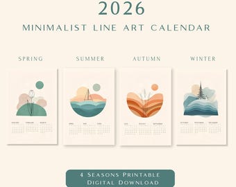 Minimalistyczna grafika liniowa 4 pory roku do druku z 2026 r.