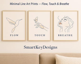 Minimalistyczne wydruki sztuki liniowej – Breathe Touch Flow – nowoczesna, neutralna dekoracja ścienna