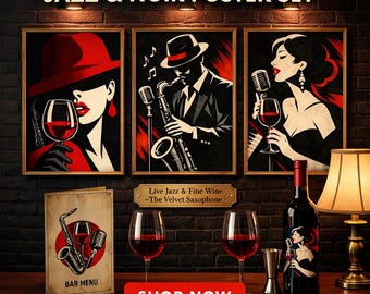 Zestaw 3 plakatów „Jazz Noir”, dekoracja ścienna do baru winiarskiego do druku