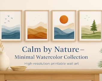 Spokój z natury – Minimalistyczna kolekcja akwareli | Zestaw 4 wydrukowanych grafik ściennych