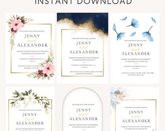 Pakiet szablonów zaproszeń ślubnych w kwiaty | 6 edytowalnych projektów Canva | Pobieranie cyfrowe | Düğün Davetiye Şablonları