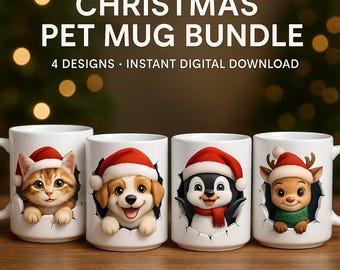 Zestaw kubków świątecznych z nadrukiem zwierząt – 4 wzory PNG